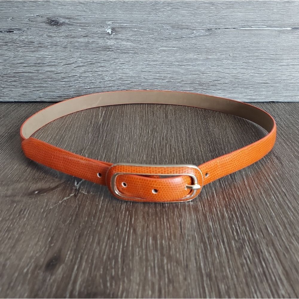 Iguana Print Orange Bonded Leather Skinny Belt Medium